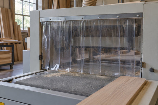 Transparent physical strip curtain hanging across a machine opening; illustrative image.