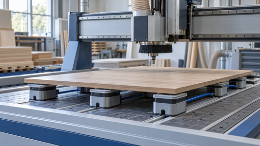 Temsili CNC ahşap işleme tablası ve vakum destekleri; belirli bir marka veya makine modeli gösterilmez.